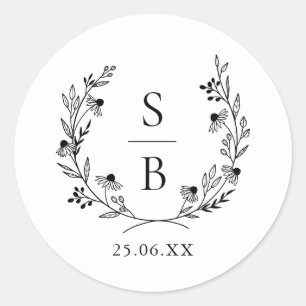 Sticker Rond Élégant Mariage de couronne de monogramme botaniqu