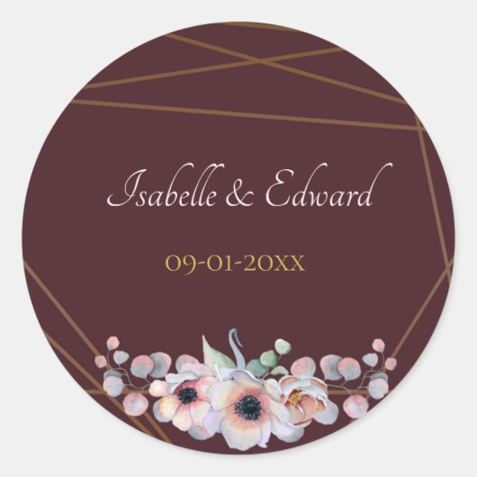 Sticker Rond Élégant Mariage de Fleurs d'anémones Marsala Blush (Devant)