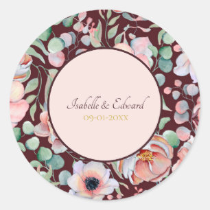Sticker Rond Élégant Mariage de Fleurs d'anémones Marsala Blush