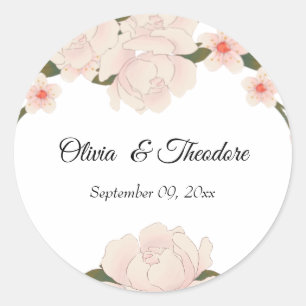 Sticker Rond Élégant Mariage de fleurs florales rose pâle roman
