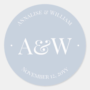 Sticker Rond Élégant Mariage de Monogramme bleu Dusty moderne