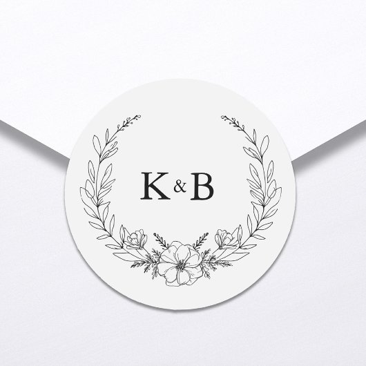 Sticker Rond Élégant Mariage de monogramme de couronne florale