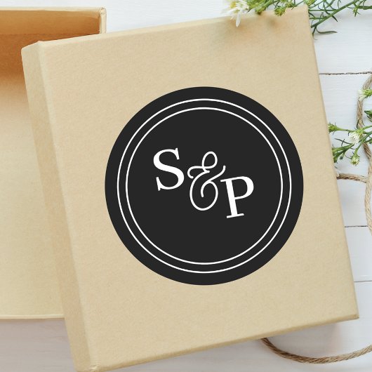 Sticker Rond Élégant Mariage de monogramme noir et blanc