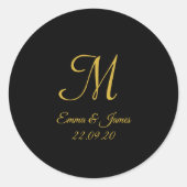 Sticker Rond Élégant Mariage de monogramme noir et or (Devant)