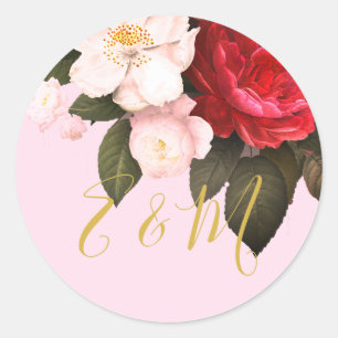 Sticker Rond Élégant Mariage de monogramme rose