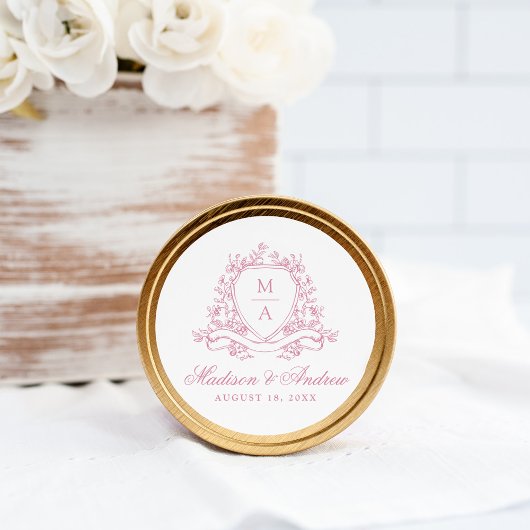Sticker Rond Élégant Mariage de monogramme rose floral