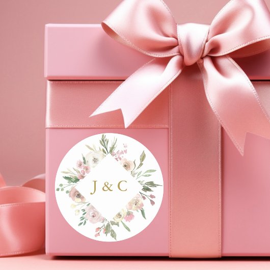 Sticker Rond Élégant Mariage de monogramme rose rose or
