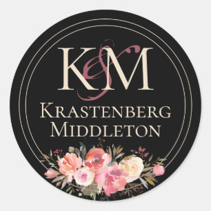 Sticker Rond Élégant Mariage de Moody foncé Monogram Rose hiver