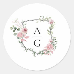 Sticker Rond Élégant Mariage de poitrine de Monogramme Rose Pus