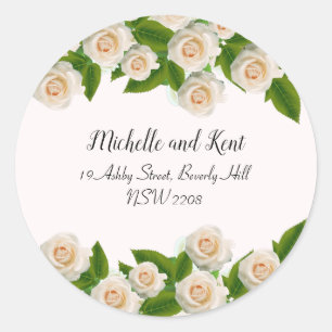 Sticker Rond Élégant Mariage de Roses Blanches Adresse de retou