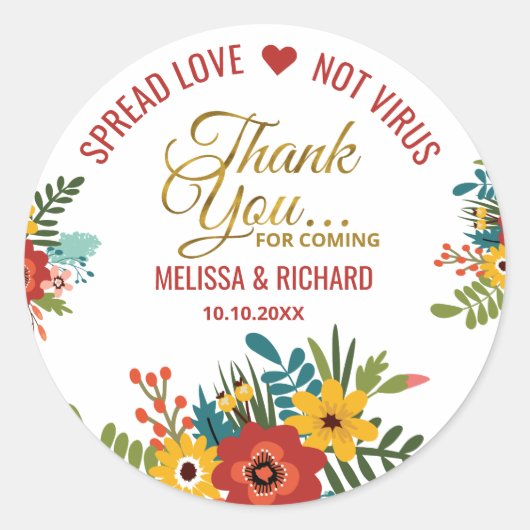 Sticker Rond Élégant Mariage de Sanitizer Floral Merci or (Devant)