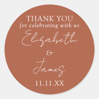 Sticker Rond Élégant Mariage de script en terre cuite Merci