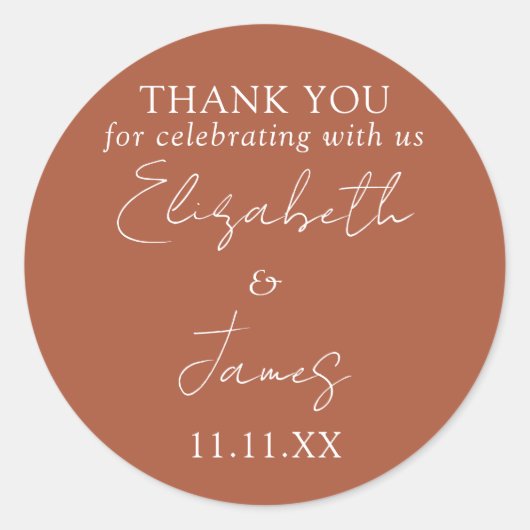 Sticker Rond Élégant Mariage de script en terre cuite Merci (Devant)