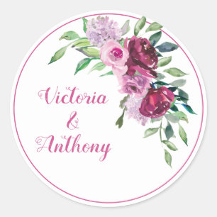Sticker Rond Élégant Mariage de script floral rose bordeaux
