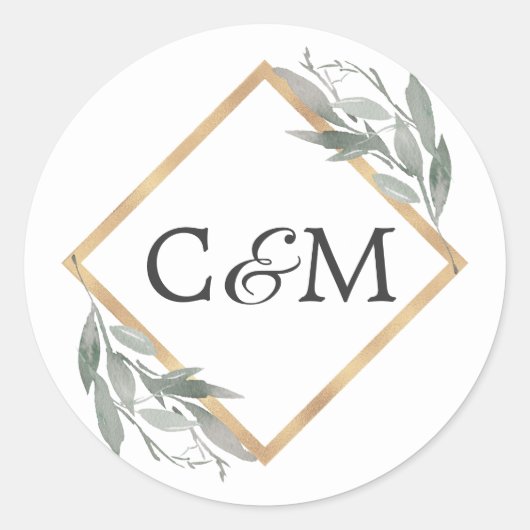Sticker Rond Élégant Mariage d'or vert feuille de bois (Devant)