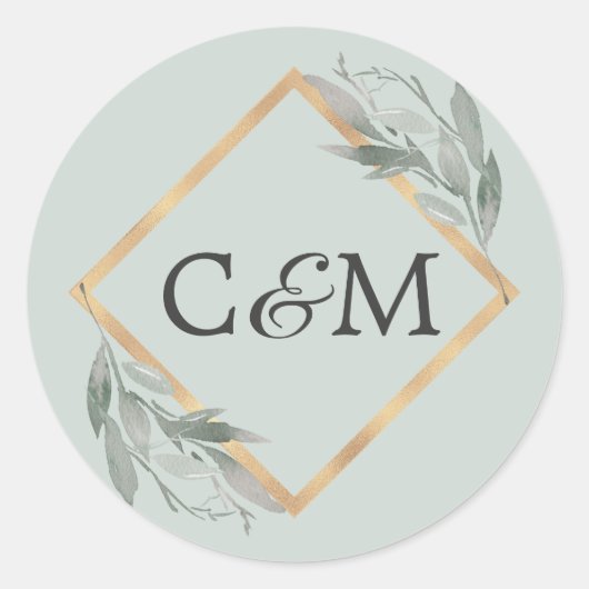 Sticker Rond Élégant Mariage d'or vert feuille de bois (Devant)