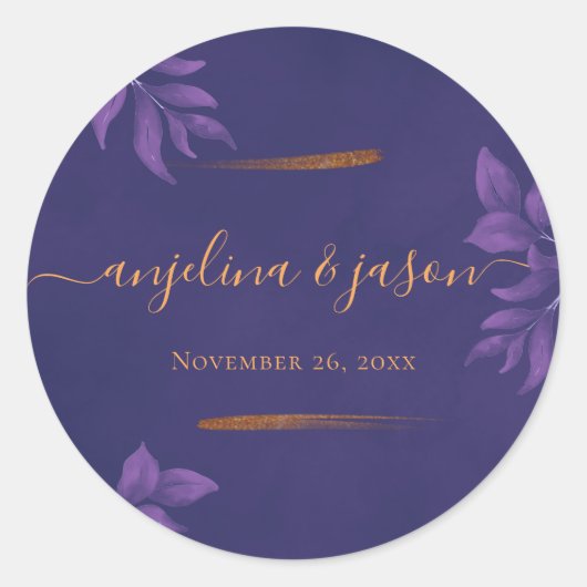 Sticker Rond Élégant Mariage Emerald violet & or Eucalyptus (Devant)