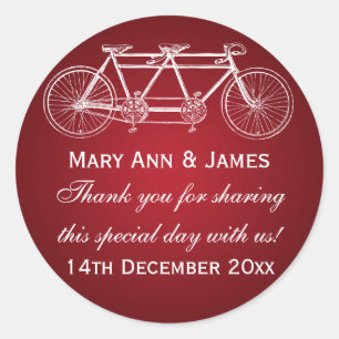 Sticker Rond Elégant Mariage Favor Tag Tandem Vélo Rouge