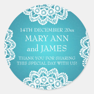 Sticker Rond Elégant Mariage Favor Tag Vintage dentelle bleu