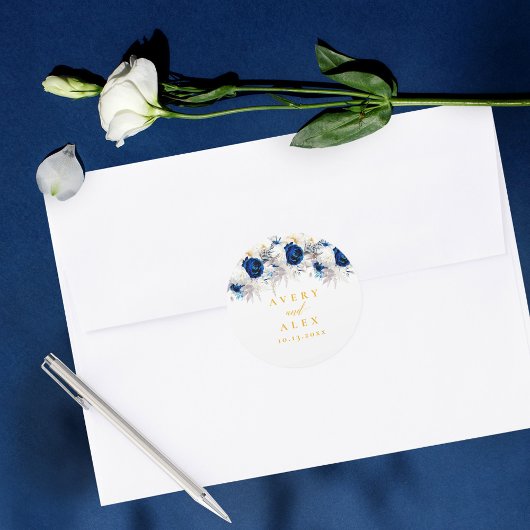 Sticker Rond Élégant Mariage floral bleu et jaune