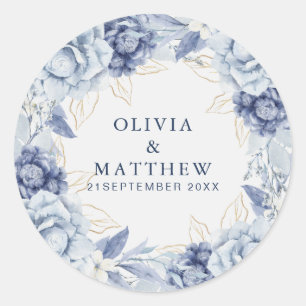 Sticker Rond Élégant mariage floral bleu poussiéreux et bleu cl