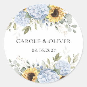 Sticker Rond Élégant Mariage Floral Blue Hydrangea Sunflowers