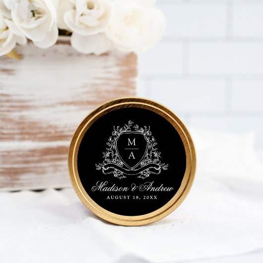 Sticker Rond Élégant Mariage Floral Crest Monogramme noir