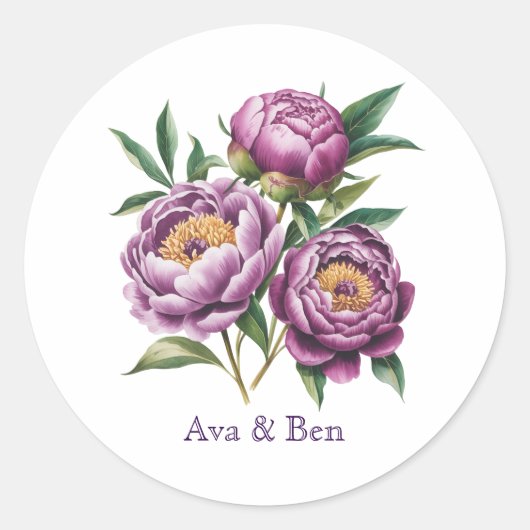 Sticker Rond Elégant Mariage floral de pivoine violet (Devant)