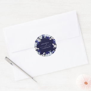 Sticker Rond Elégant Mariage floral Dusty Blue Navy