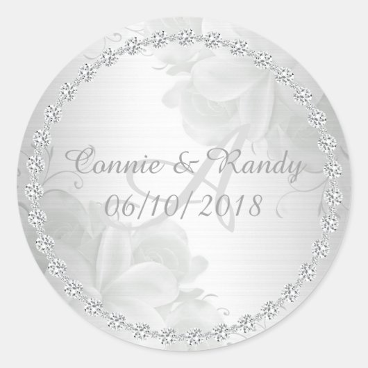 Sticker Rond Élégant Mariage floral et diamant argenté (Devant)