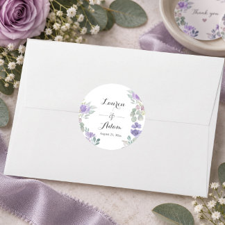 Sticker Rond Élégant Mariage Floral Eucalyptus Violet