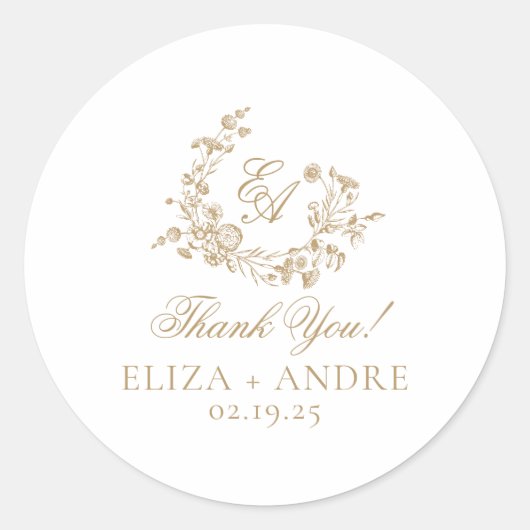 Sticker Rond Élégant Mariage Floral Gold (Devant)