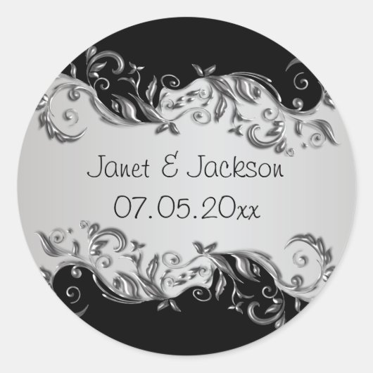 Sticker Rond Élégant Mariage floral noir et argent (Devant)