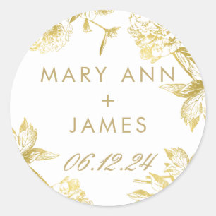 Sticker Rond Élégant Mariage Floral Or Enregistrer La Date
