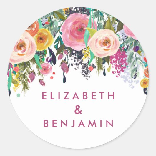 Sticker Rond Élégant Mariage Floral Spring Summer Nom (Devant)