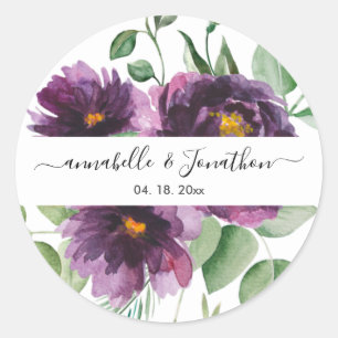 Sticker Rond Élégant Mariage floral vert violet