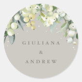 Sticker Rond Elégant Mariage Greige Snowberry+Eucalyptus (Devant)