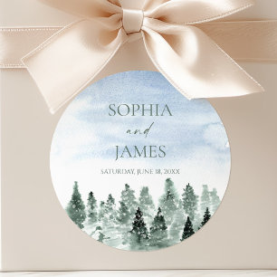 Sticker Rond Élégant Mariage Hiver Neige Pins Verts