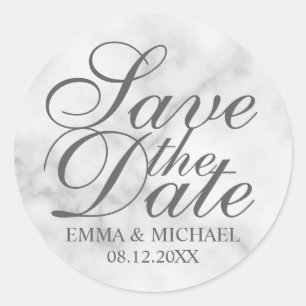 Sticker Rond Élégant mariage Marbre blanc Enregistrer la date