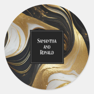 Sticker Rond Elégant Mariage marbré Faux Gold, noir & blanc
