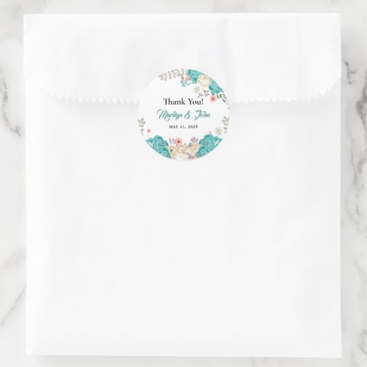 Sticker Rond Elégant Mariage Merci Aquarelle Fleurs Bleues (Sac)