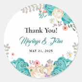 Sticker Rond Elégant Mariage Merci Aquarelle Fleurs Bleues (Devant)