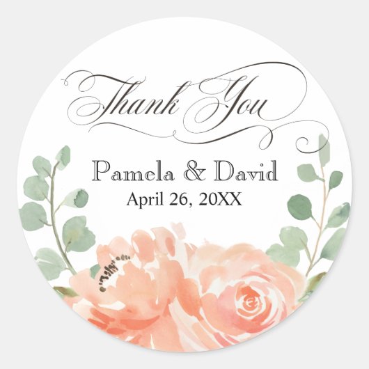 Sticker Rond Elégant Mariage Merci Floral Peach (Devant)