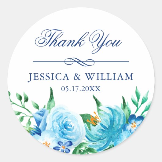 Sticker Rond Élégant Mariage Merci Floraux Bleus (Devant)