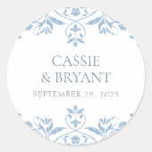 Sticker Rond Élégant Mariage minimal bleu et blanc (Devant)
