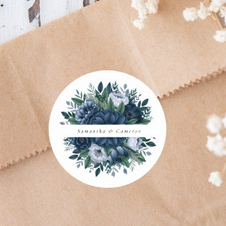 Sticker Rond Élégant mariage moderne floral bleu marine et bleu