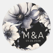 Sticker Rond Élégant Mariage moderne noir blanc floral (Devant)