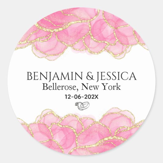 Sticker Rond Élégant Mariage moderne rose et or (Devant)