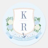 Sticker Rond Élégant Mariage Monogramme Côtier Bleu Et Blanc (Devant)