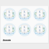 Sticker Rond Élégant Mariage Monogramme Côtier Bleu Et Blanc (Feuille)